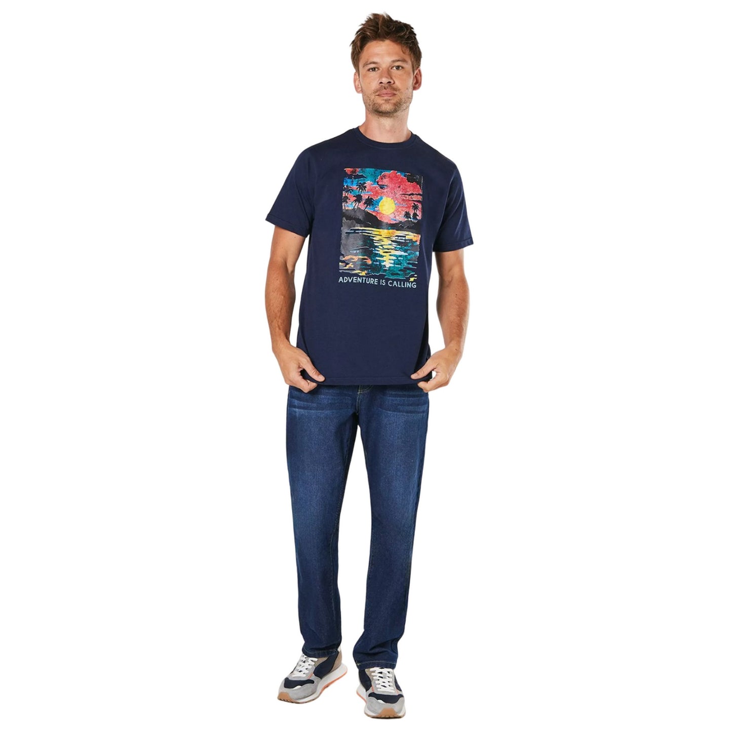 Navy - Side - Maine Mens Adventure Is Calling Printed T-Shirt
