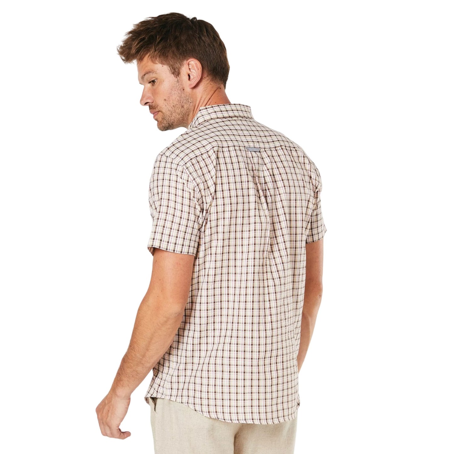 Beige - Back - Maine Mens Sail Checked Short-Sleeved Shirt