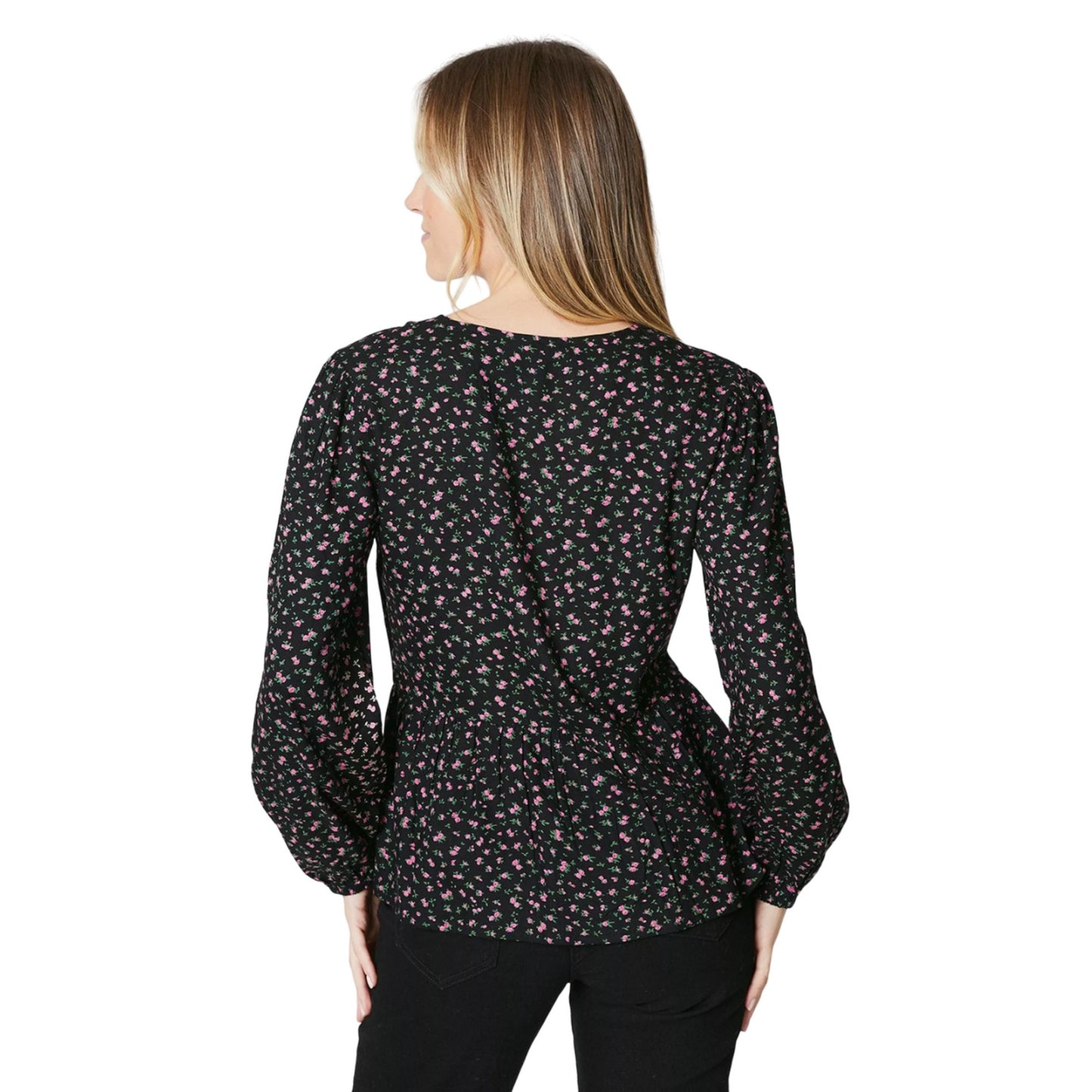 Black - Back - Maine Womens-Ladies Ditsy Floral Front Tie Long-Sleeved Blouse