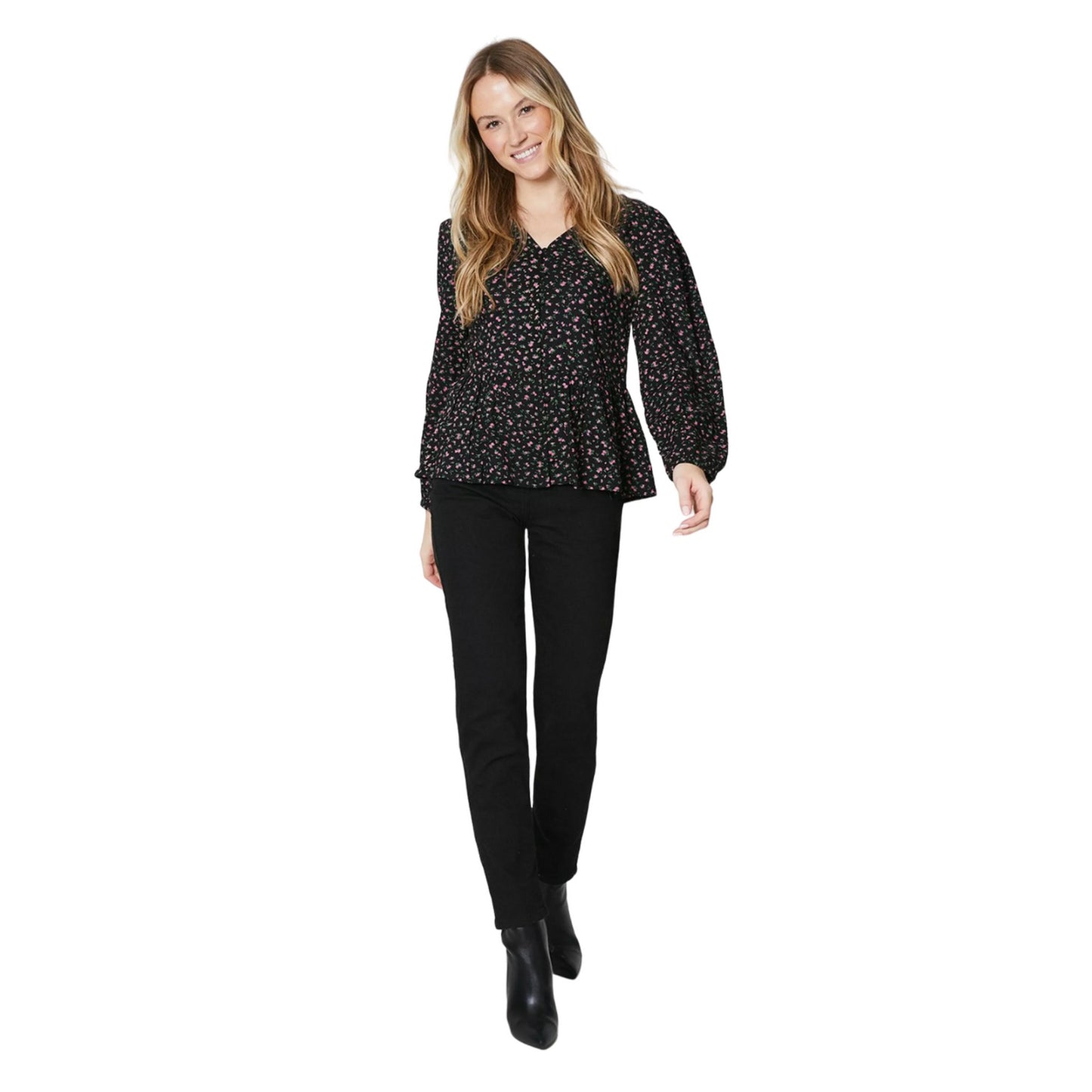 Black - Side - Maine Womens-Ladies Ditsy Floral Front Tie Long-Sleeved Blouse