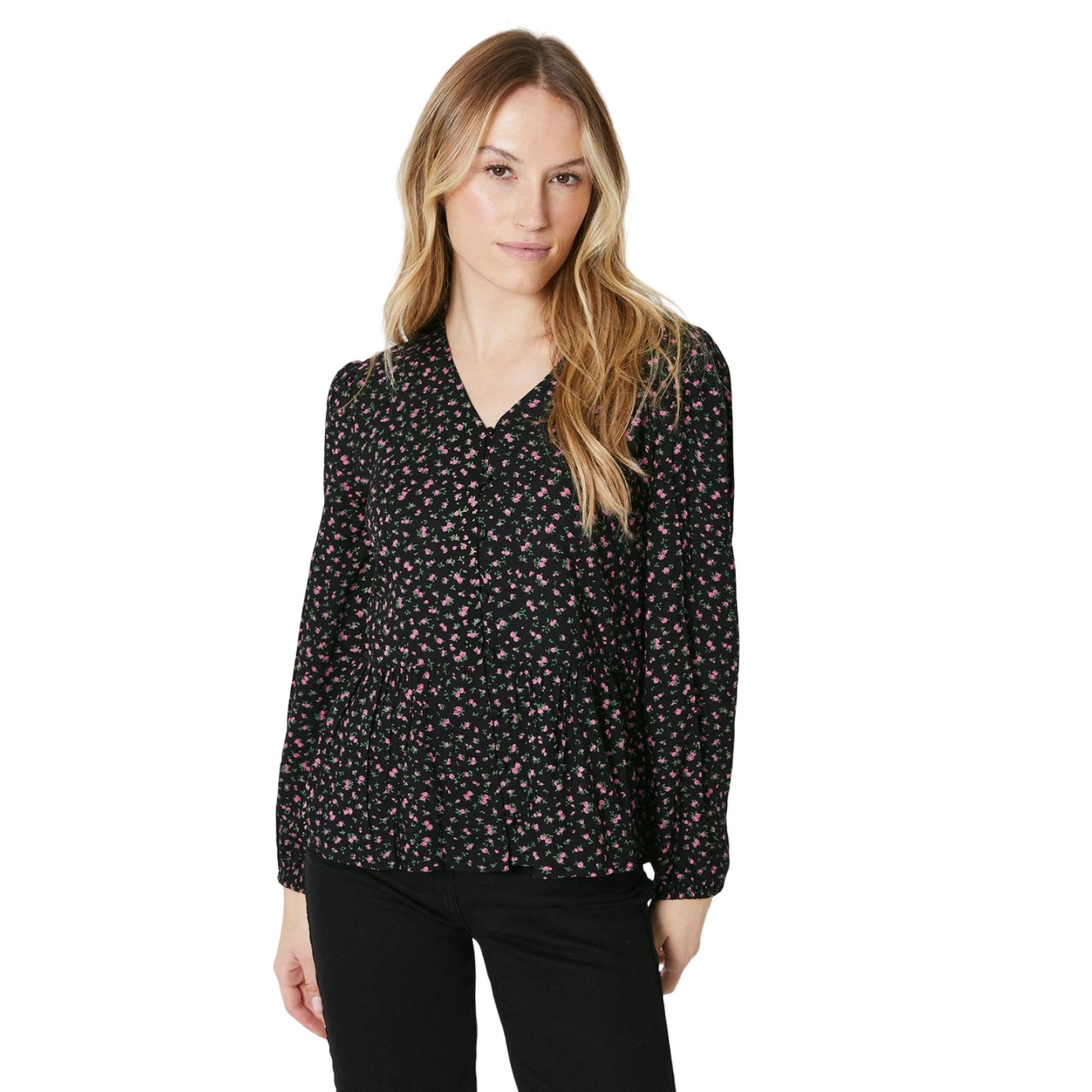 Black - Front - Maine Womens-Ladies Ditsy Floral Front Tie Long-Sleeved Blouse