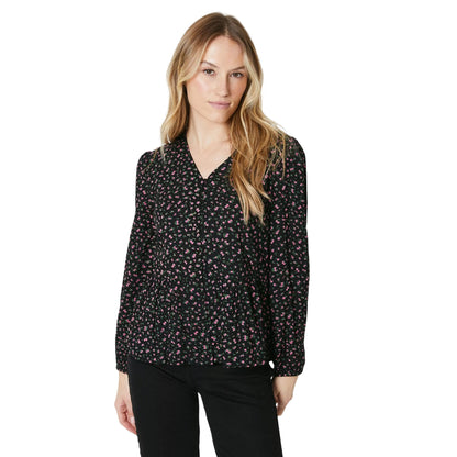 Black - Front - Maine Womens-Ladies Ditsy Floral Front Tie Long-Sleeved Blouse