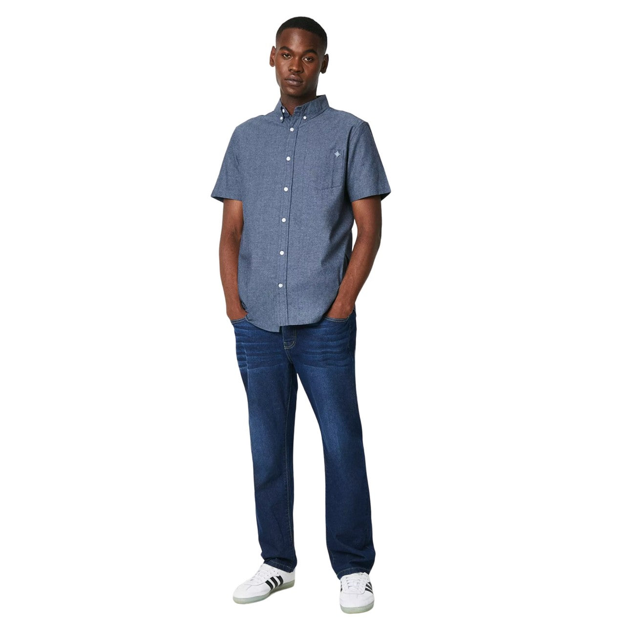Dark Blue - Side - Maine Mens Chambray Look Short-Sleeved Shirt
