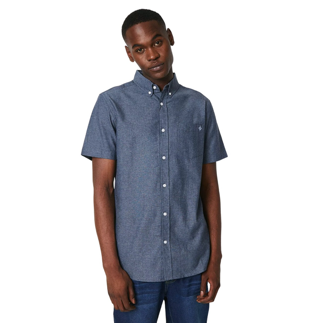 Dark Blue - Front - Maine Mens Chambray Look Short-Sleeved Shirt