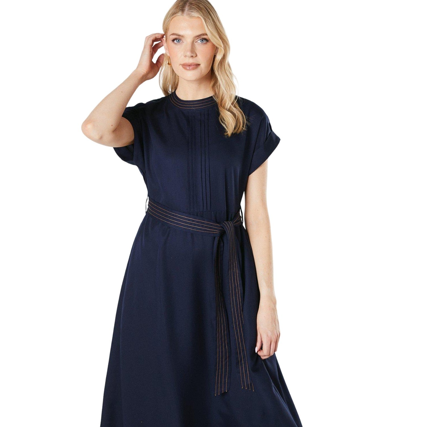 Navy - Side - Principles Womens-Ladies Contrast Detail Belt Midi Dress
