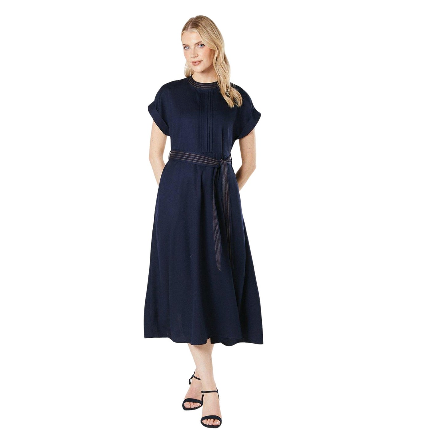 Navy - Front - Principles Womens-Ladies Contrast Detail Belt Midi Dress