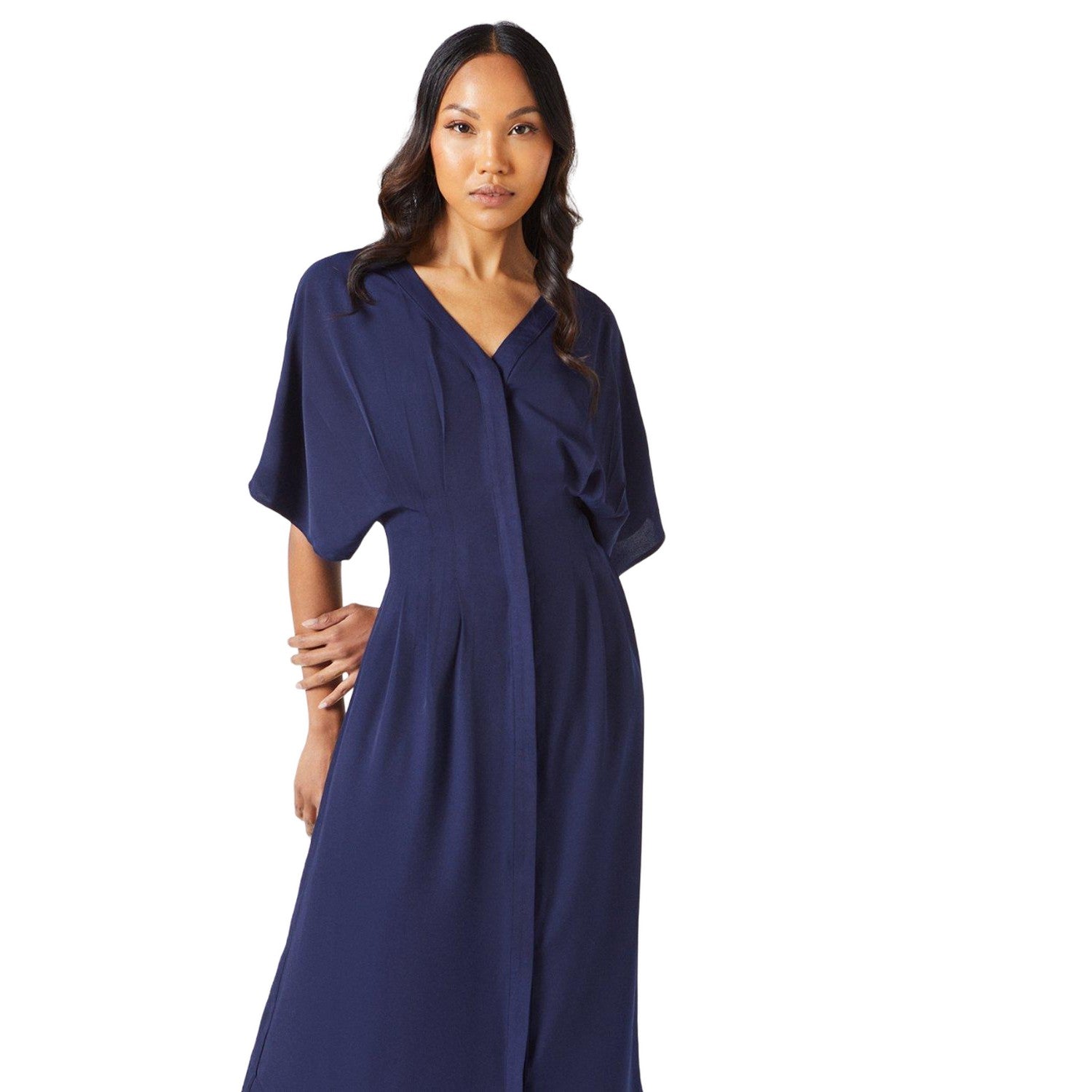 Navy - Side - Principles Womens-Ladies Crepe Pleat Waist Midi Dress
