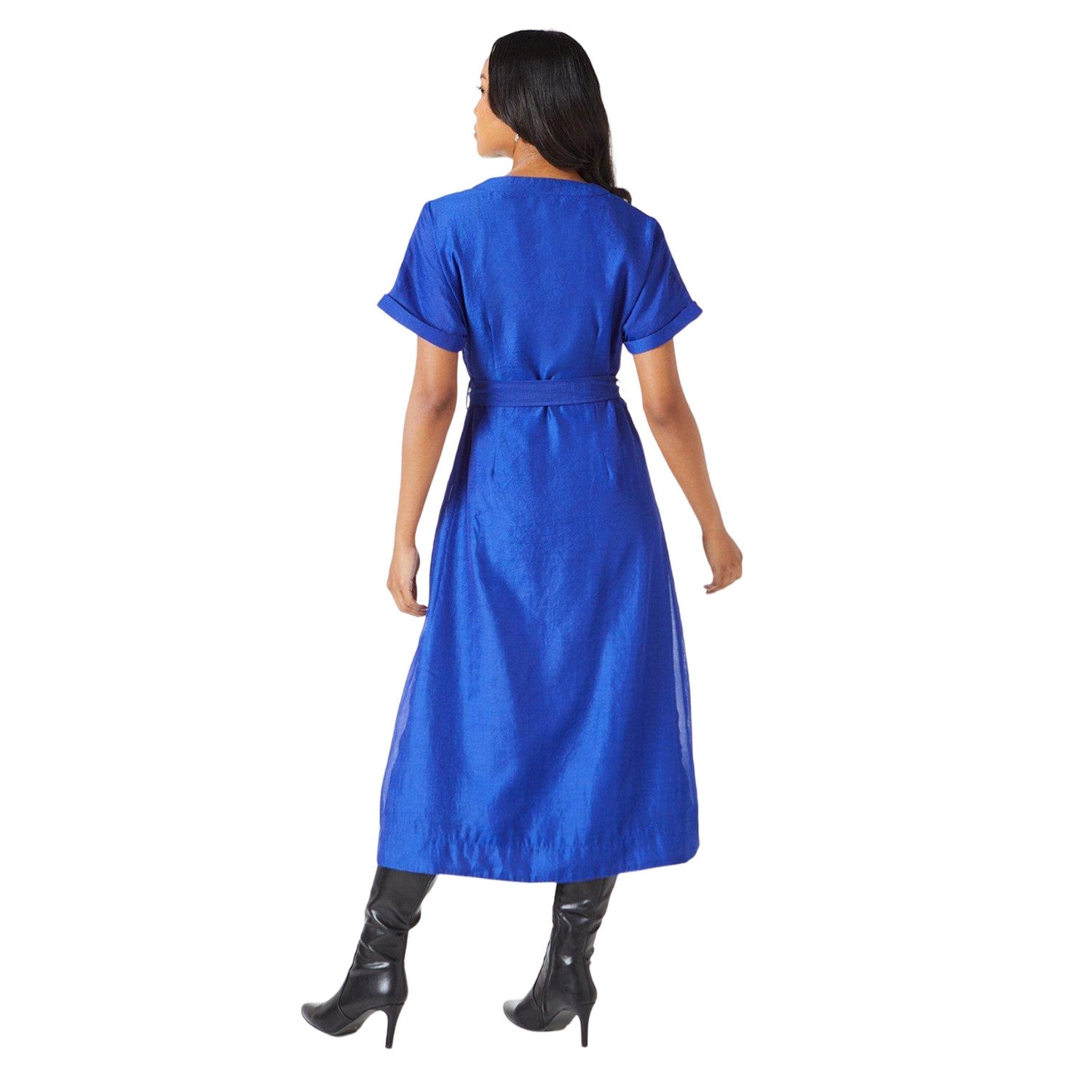 Blue - Back - Principles Womens-Ladies Belted Organza Shirt Dress