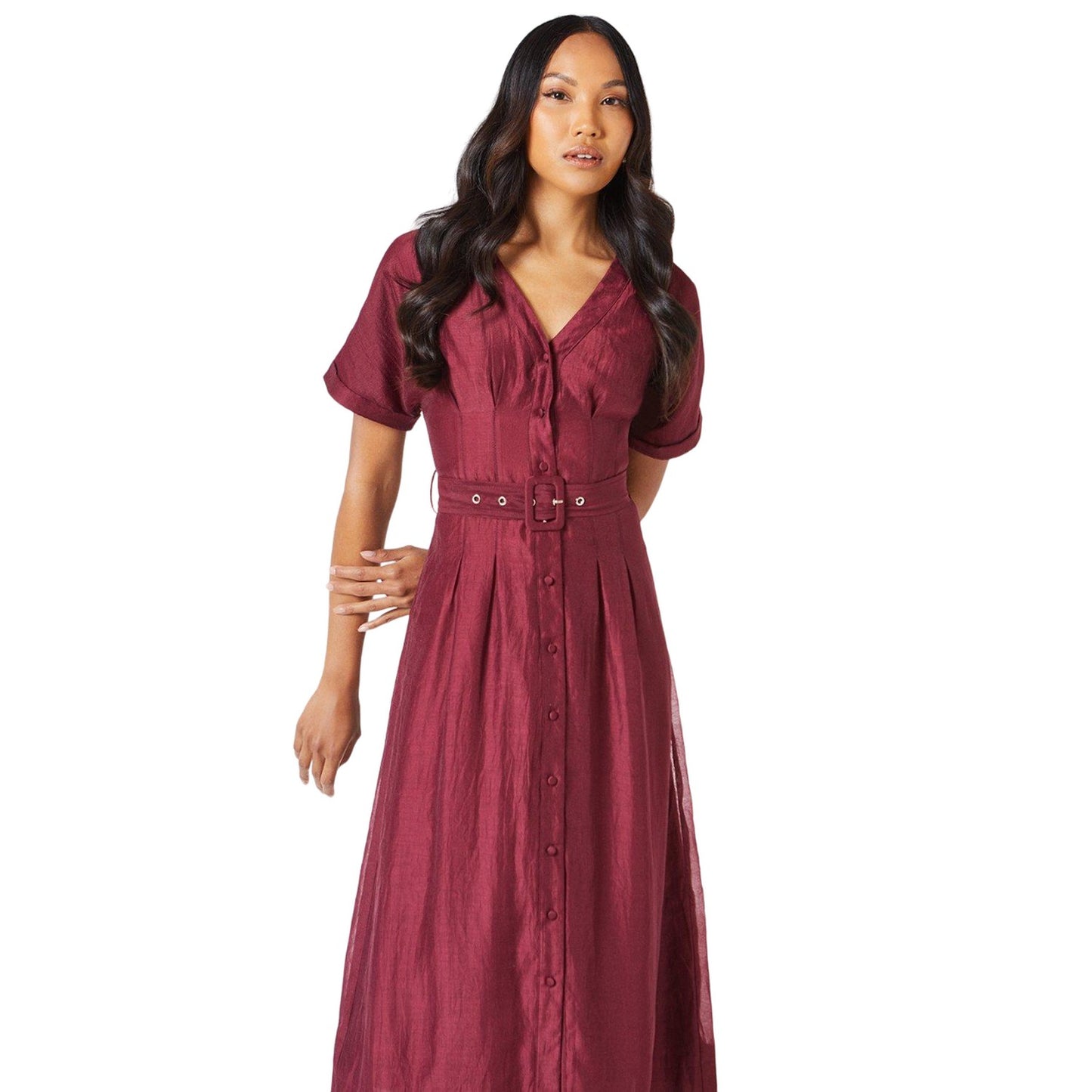 Mocha - Side - Principles Womens-Ladies Belted Organza Shirt Dress