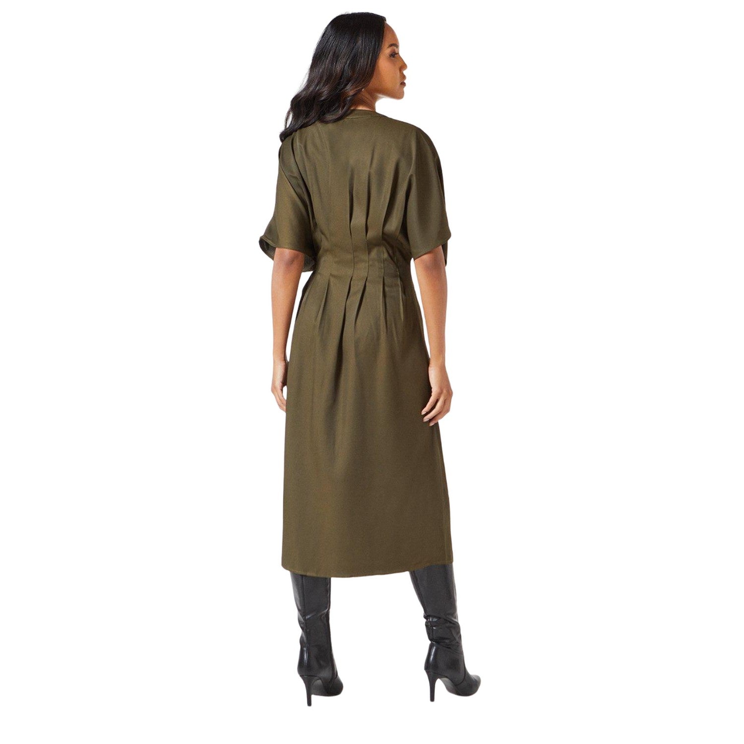 Khaki - Back - Principles Womens-Ladies Crepe Pleat Waist Midi Dress