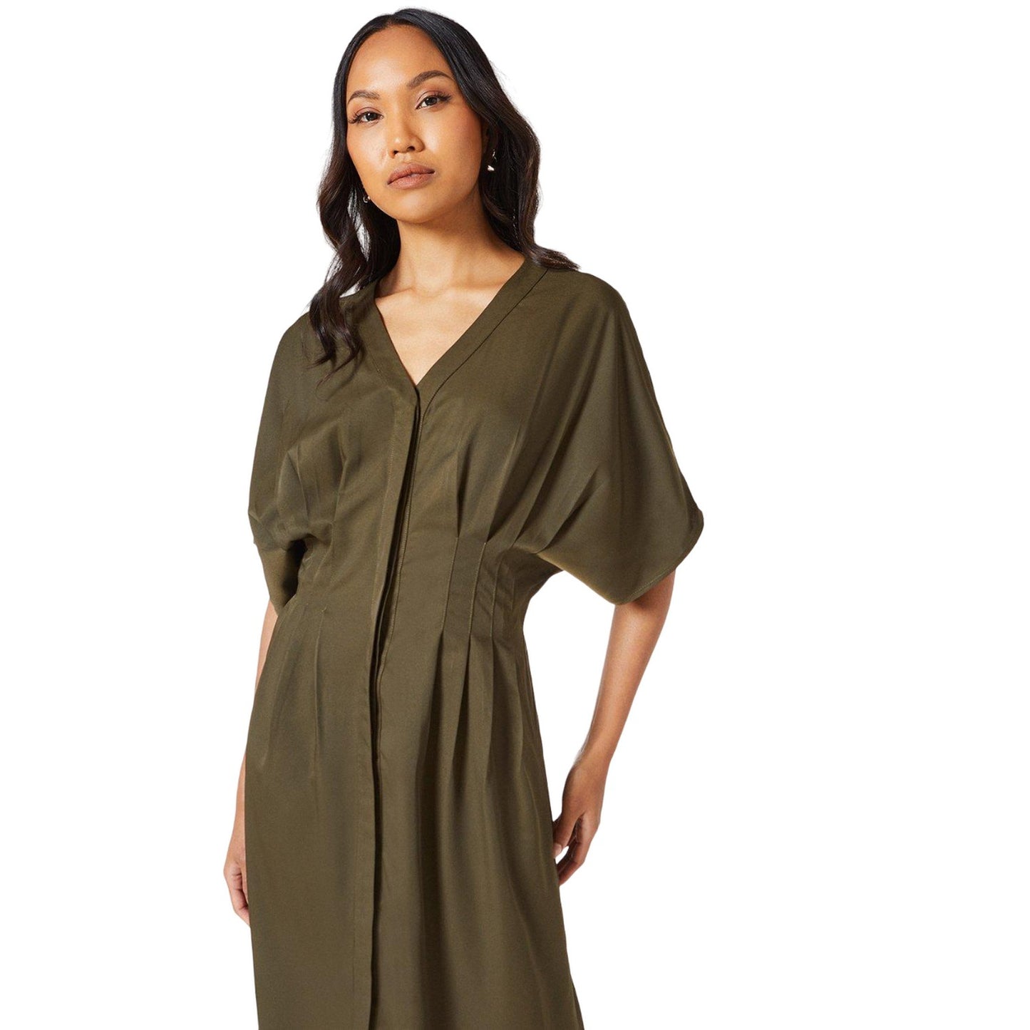 Khaki - Side - Principles Womens-Ladies Crepe Pleat Waist Midi Dress