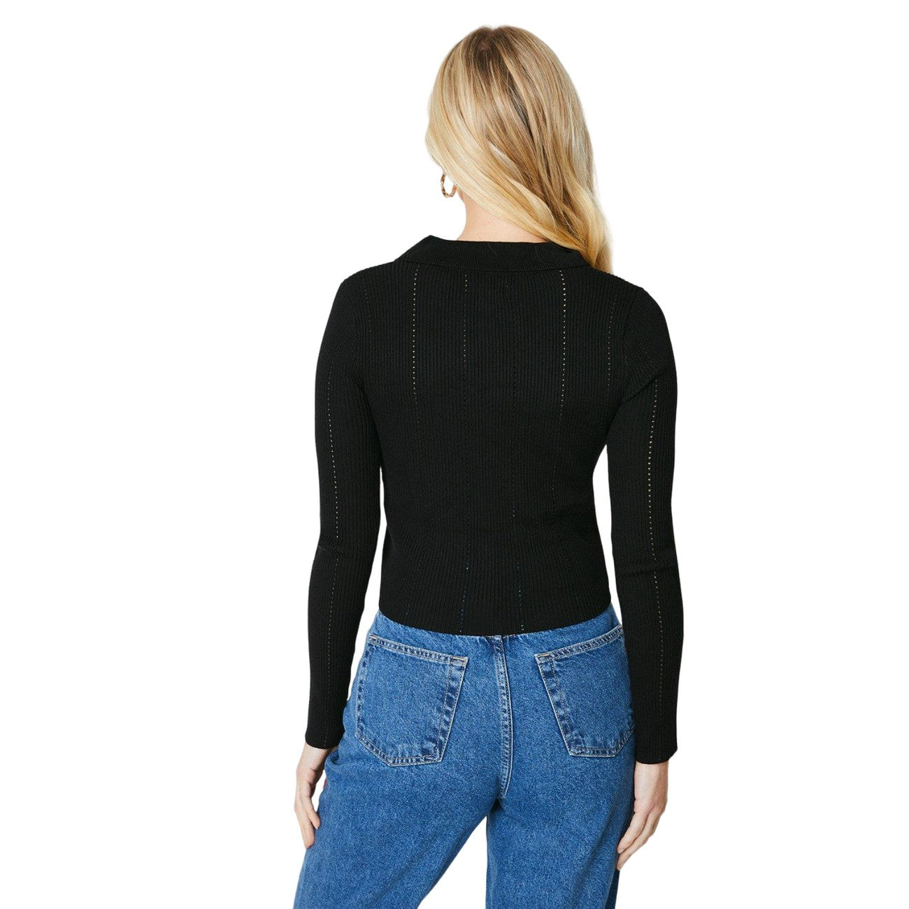 Black - Back - Principles Womens-Ladies Knitted Button Through Petite Polo Shirt