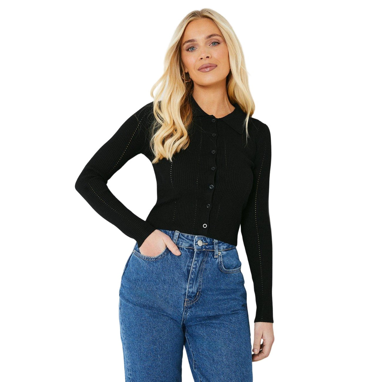 Black - Front - Principles Womens-Ladies Knitted Button Through Petite Polo Shirt