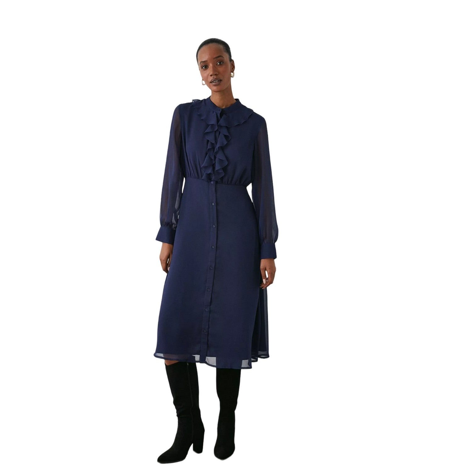 Navy - Front - Principles Womens-Ladies Ruffle Neck Midi Dress