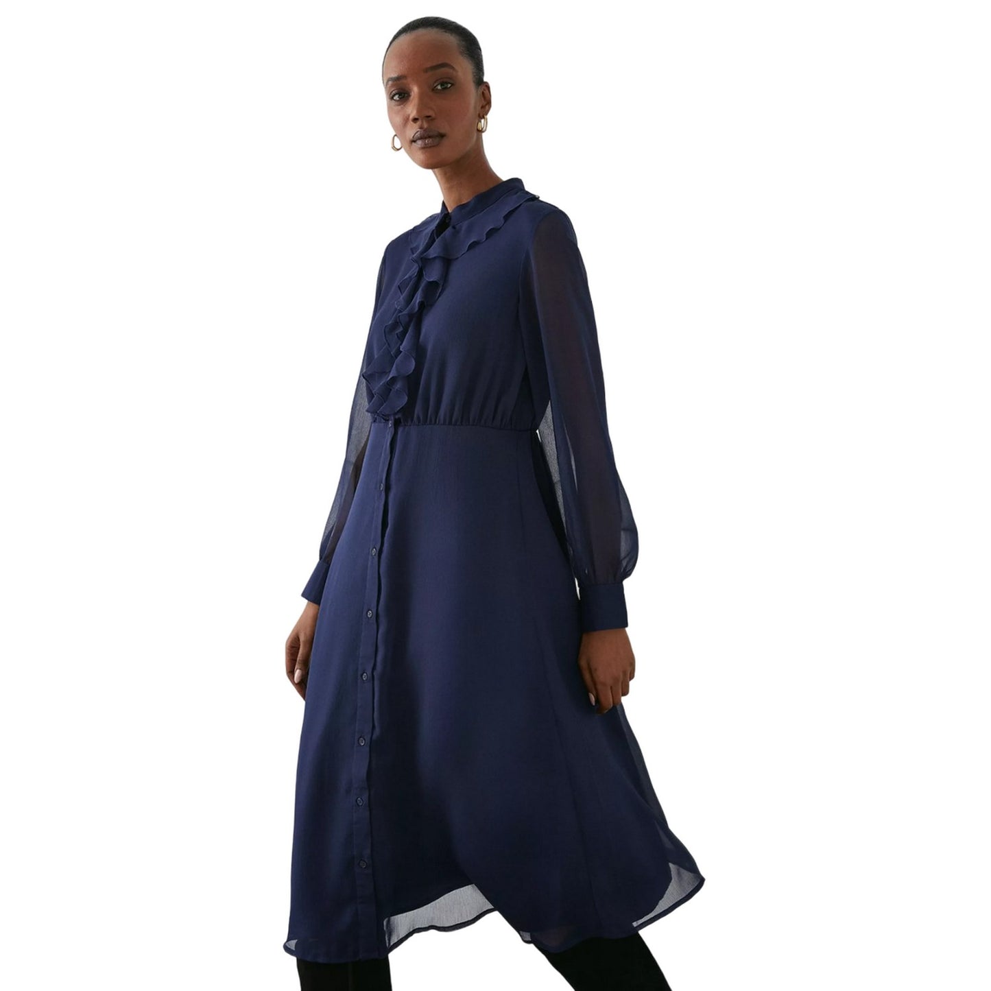 Navy - Side - Principles Womens-Ladies Ruffle Neck Midi Dress
