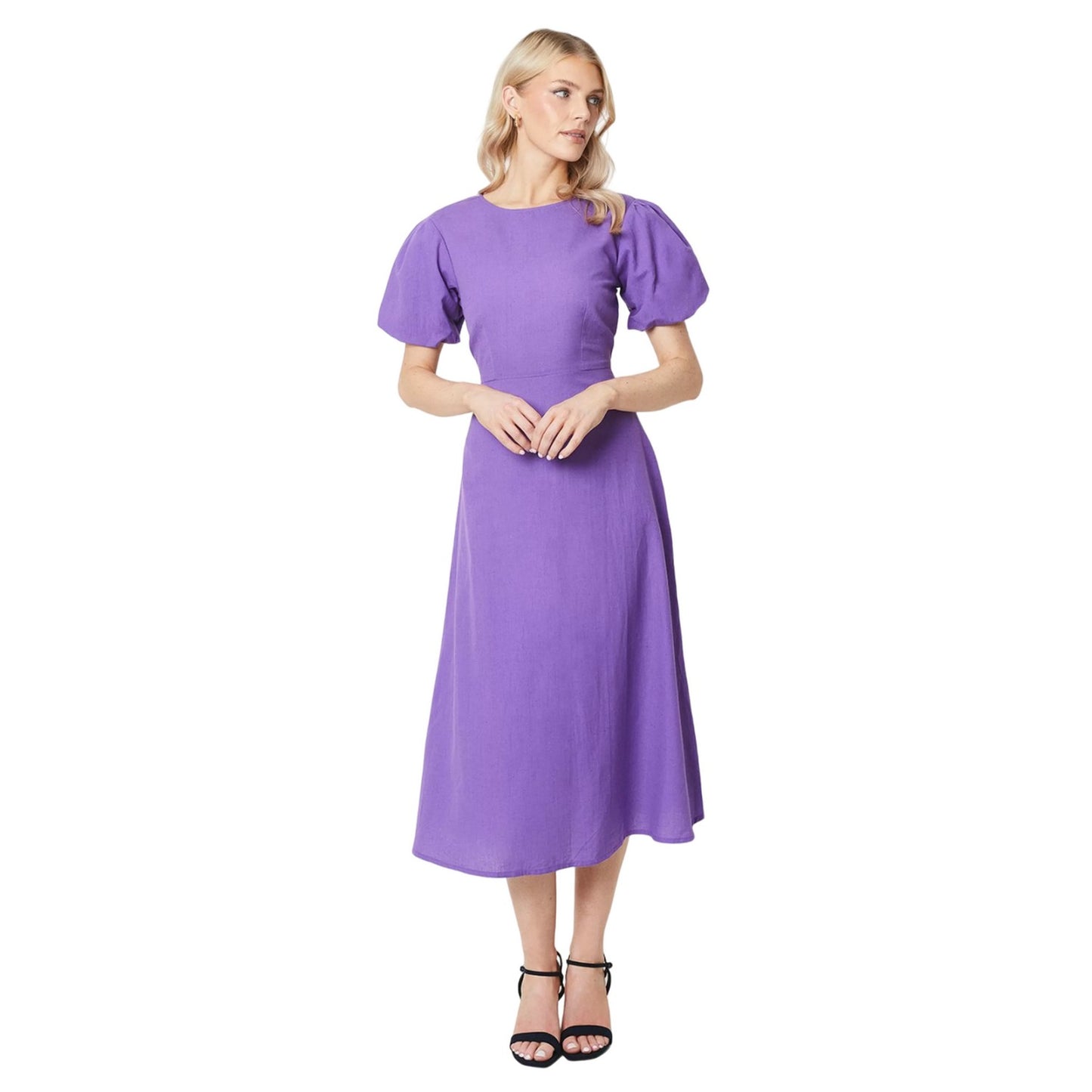 Purple - Front - Principles Womens-Ladies Linen Blend Puff Sleeve Midi Dress