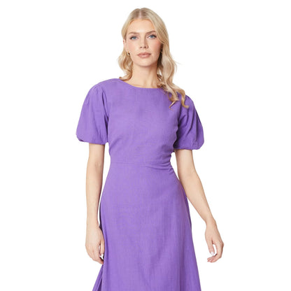 Purple - Side - Principles Womens-Ladies Linen Blend Puff Sleeve Midi Dress