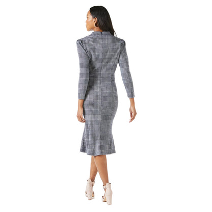 Blue - Back - Principles Womens-Ladies Checked Jacquard Tab Belt Midi Dress