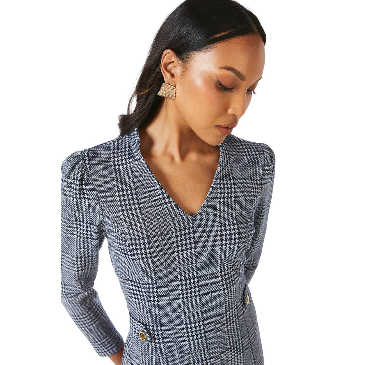 Blue - Side - Principles Womens-Ladies Checked Jacquard Tab Belt Midi Dress