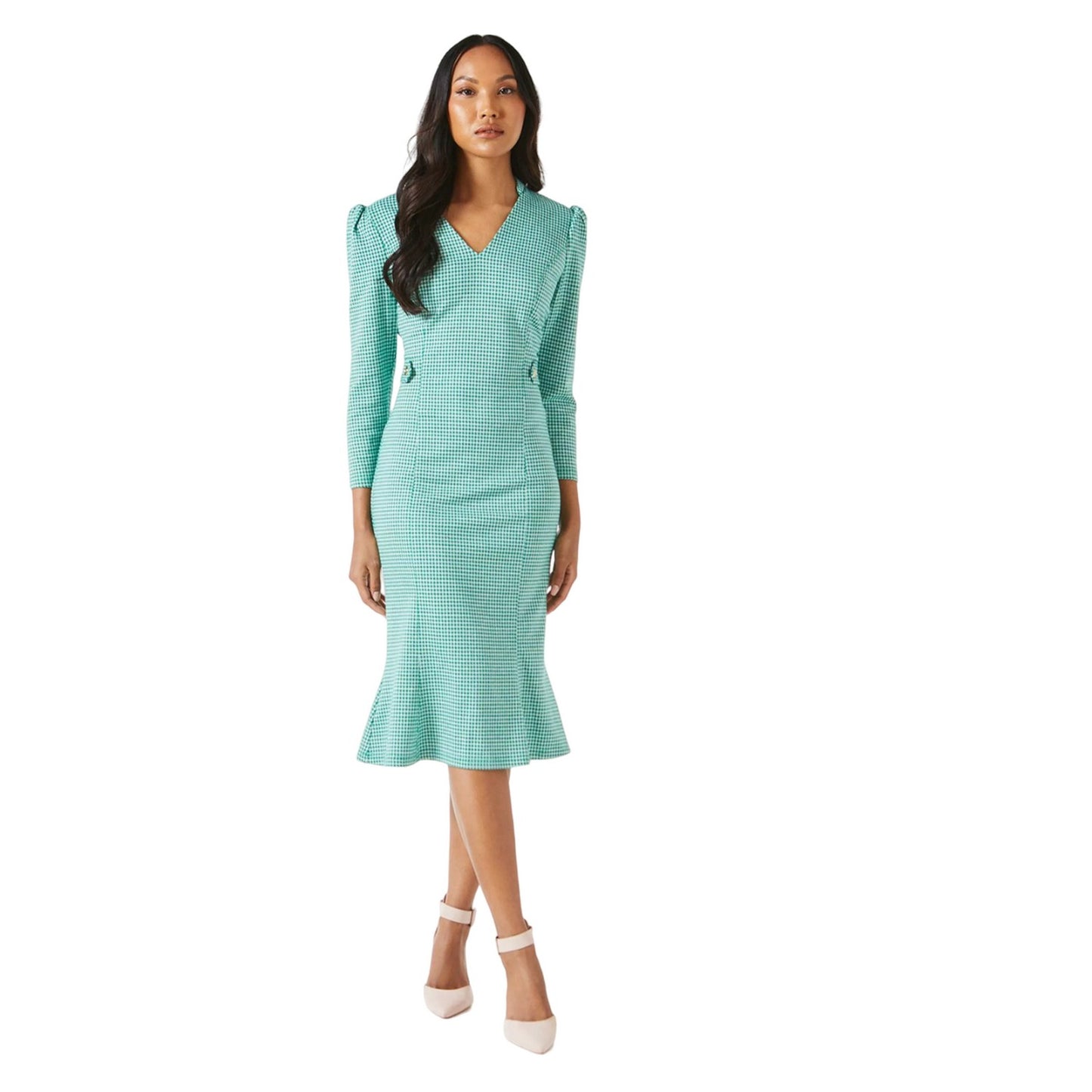 Green - Front - Principles Womens-Ladies Dogtooth Jacquard Tab Belt Midi Dress