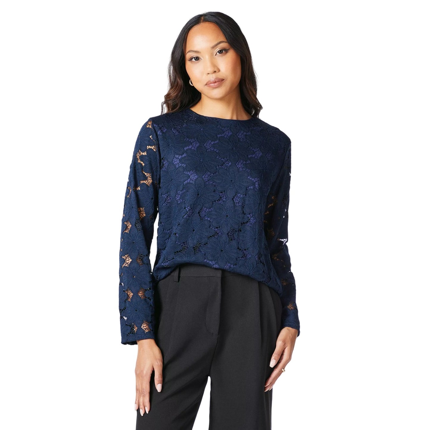 Navy - Front - Principles Womens-Ladies Lace Long-Sleeved Top