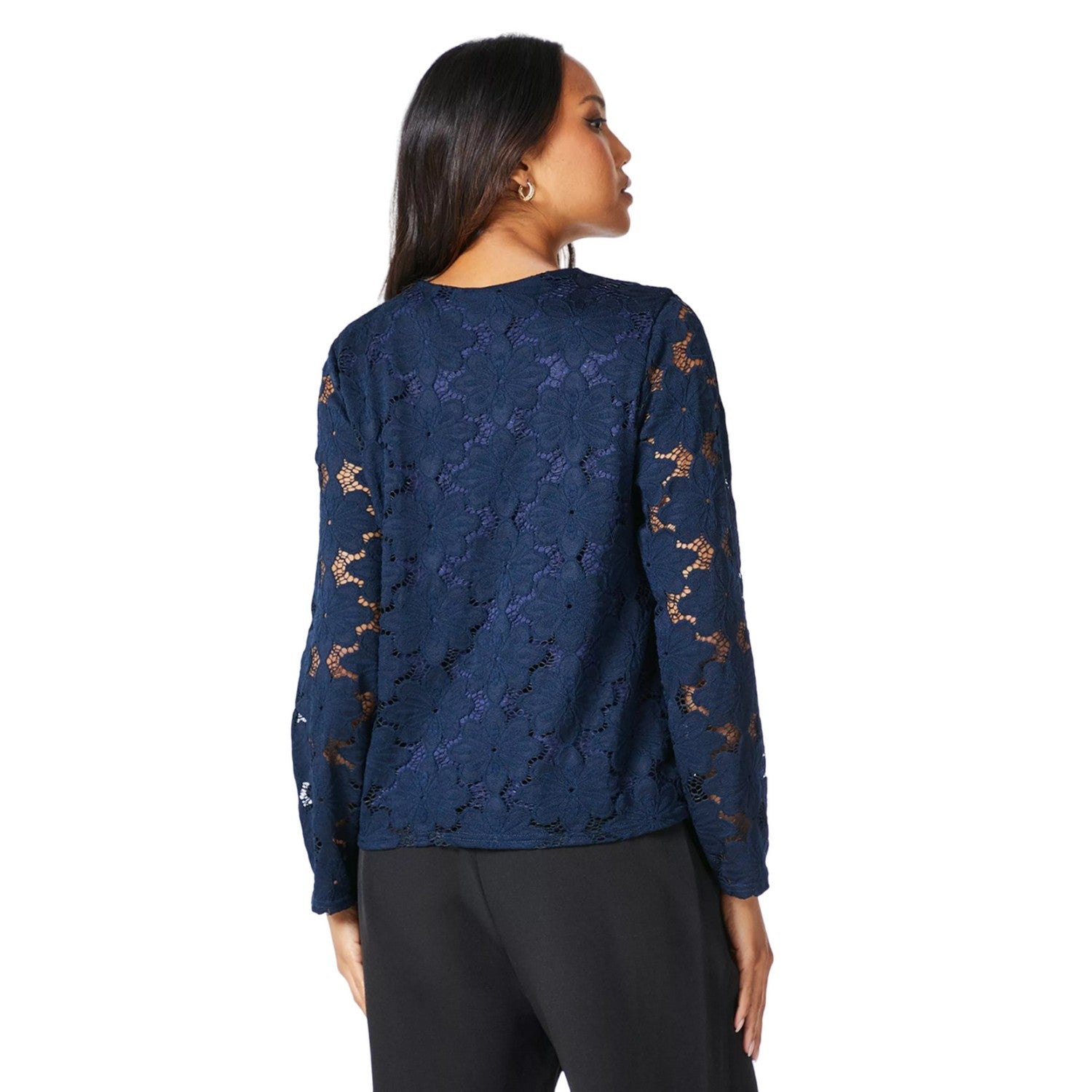 Navy - Back - Principles Womens-Ladies Lace Long-Sleeved Top