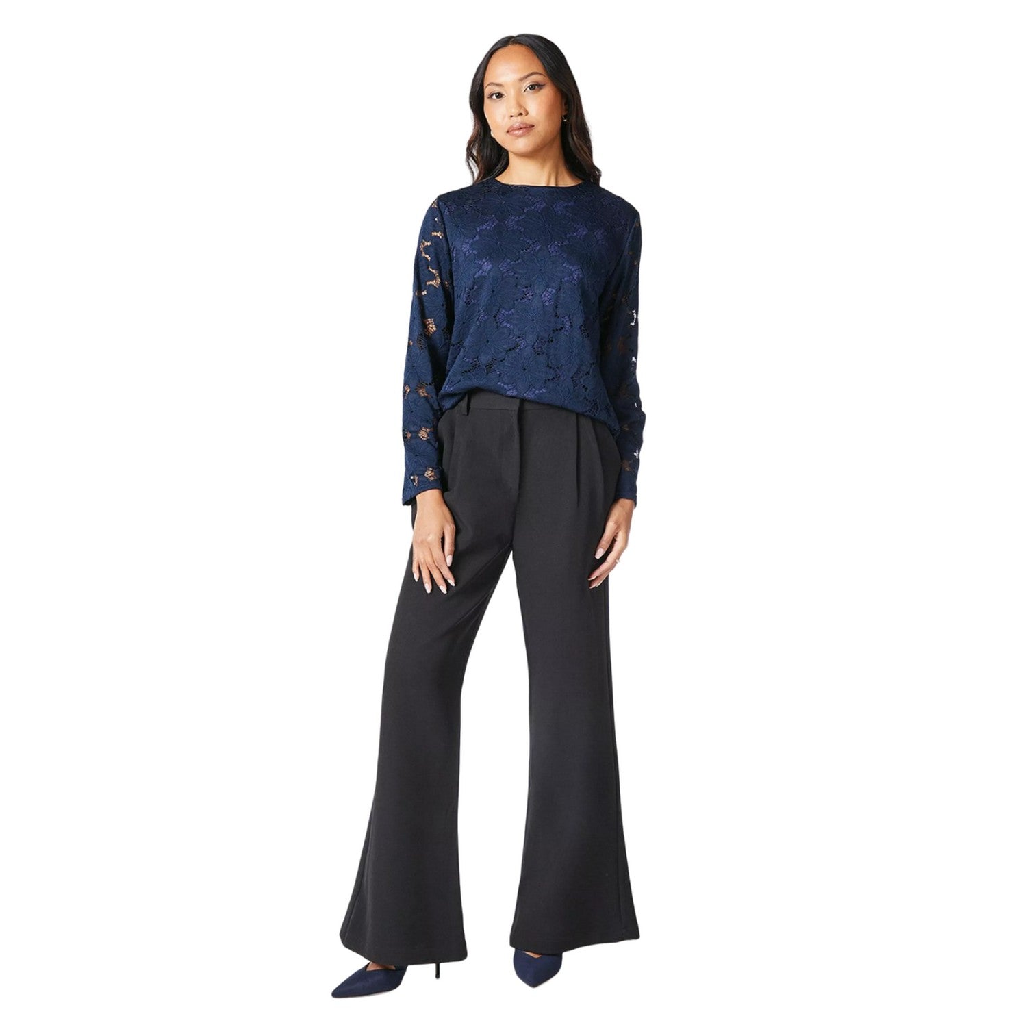 Navy - Side - Principles Womens-Ladies Lace Long-Sleeved Top