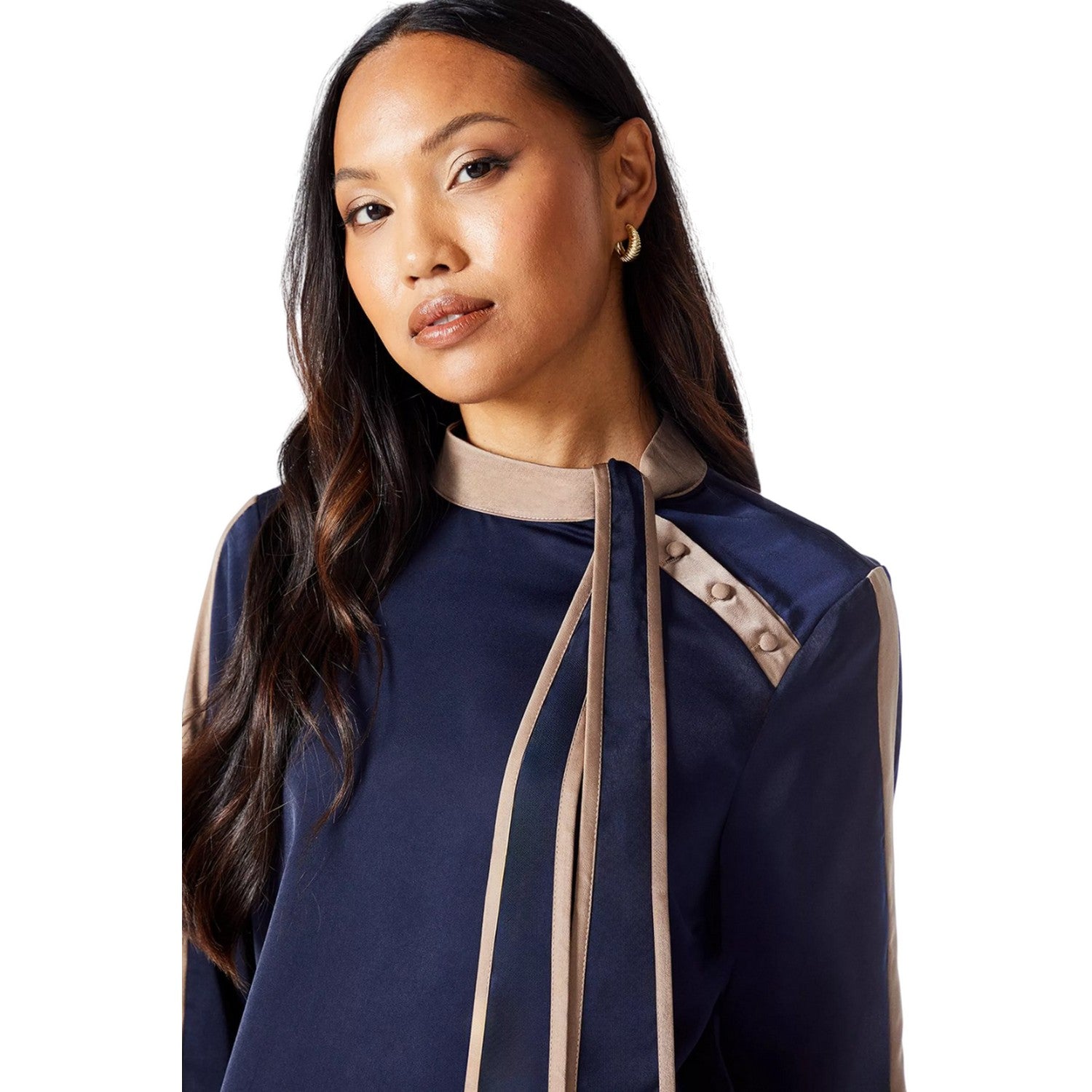 Navy - Side - Principles Womens-Ladies Contrast Detail Satin Side Tie Neck Top