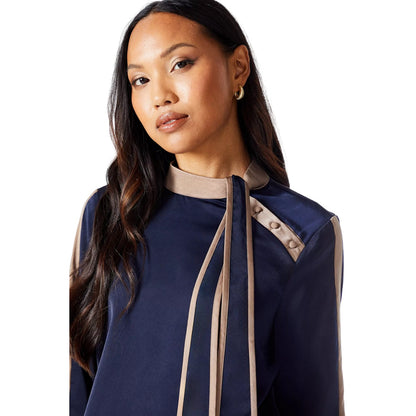 Navy - Side - Principles Womens-Ladies Contrast Detail Satin Side Tie Neck Top