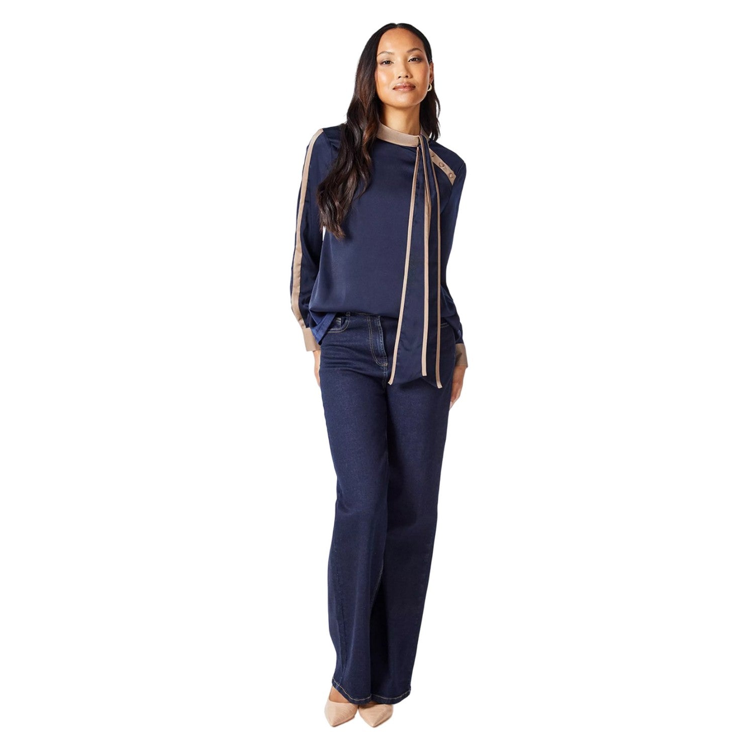 Navy - Lifestyle - Principles Womens-Ladies Contrast Detail Satin Side Tie Neck Top
