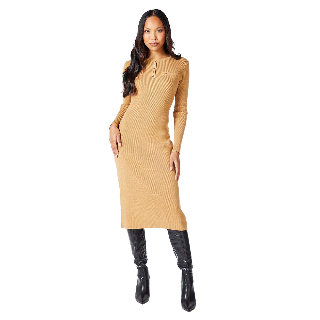 Camel - Front - Principles Womens-Ladies Knitted Ribbed Button Detail Midi Dress
