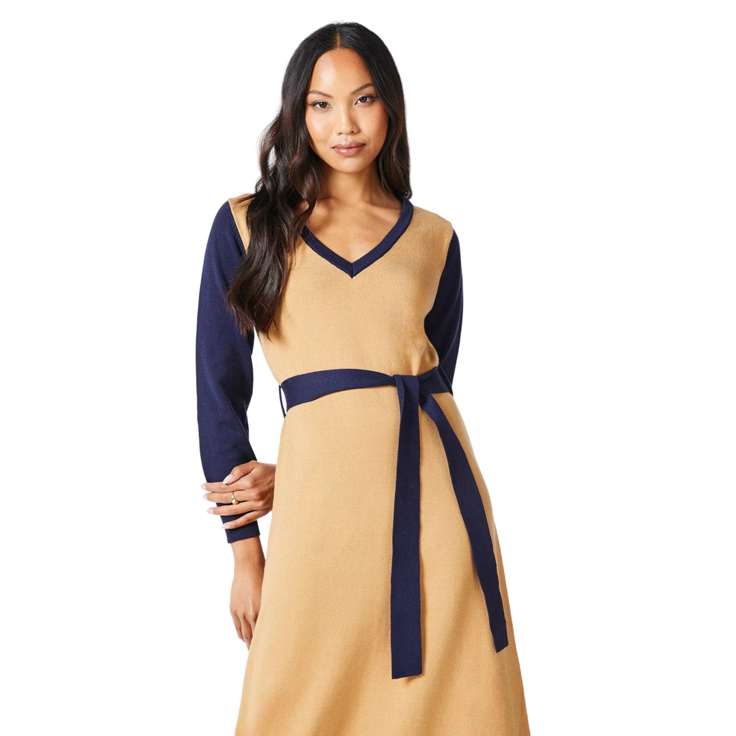 Camel - Side - Principles Womens-Ladies Tipped Knitted Belt Midi Dress