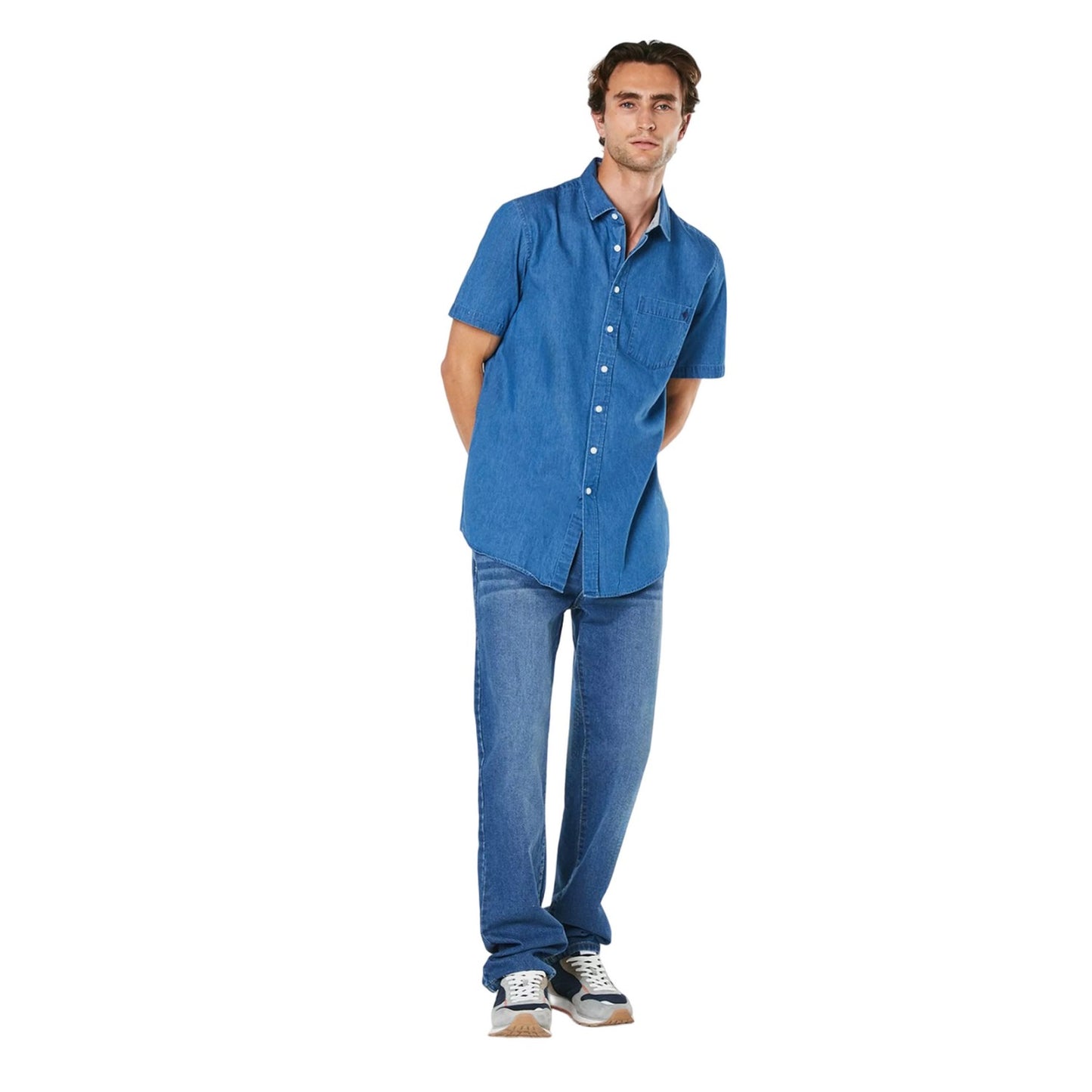 Mid Blue - Side - Maine Mens Denim Short-Sleeved Shirt