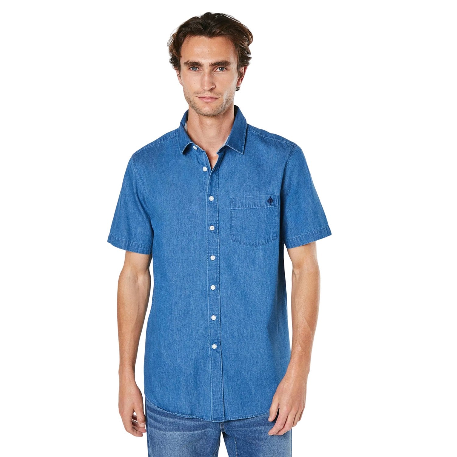 Mid Blue - Front - Maine Mens Denim Short-Sleeved Shirt