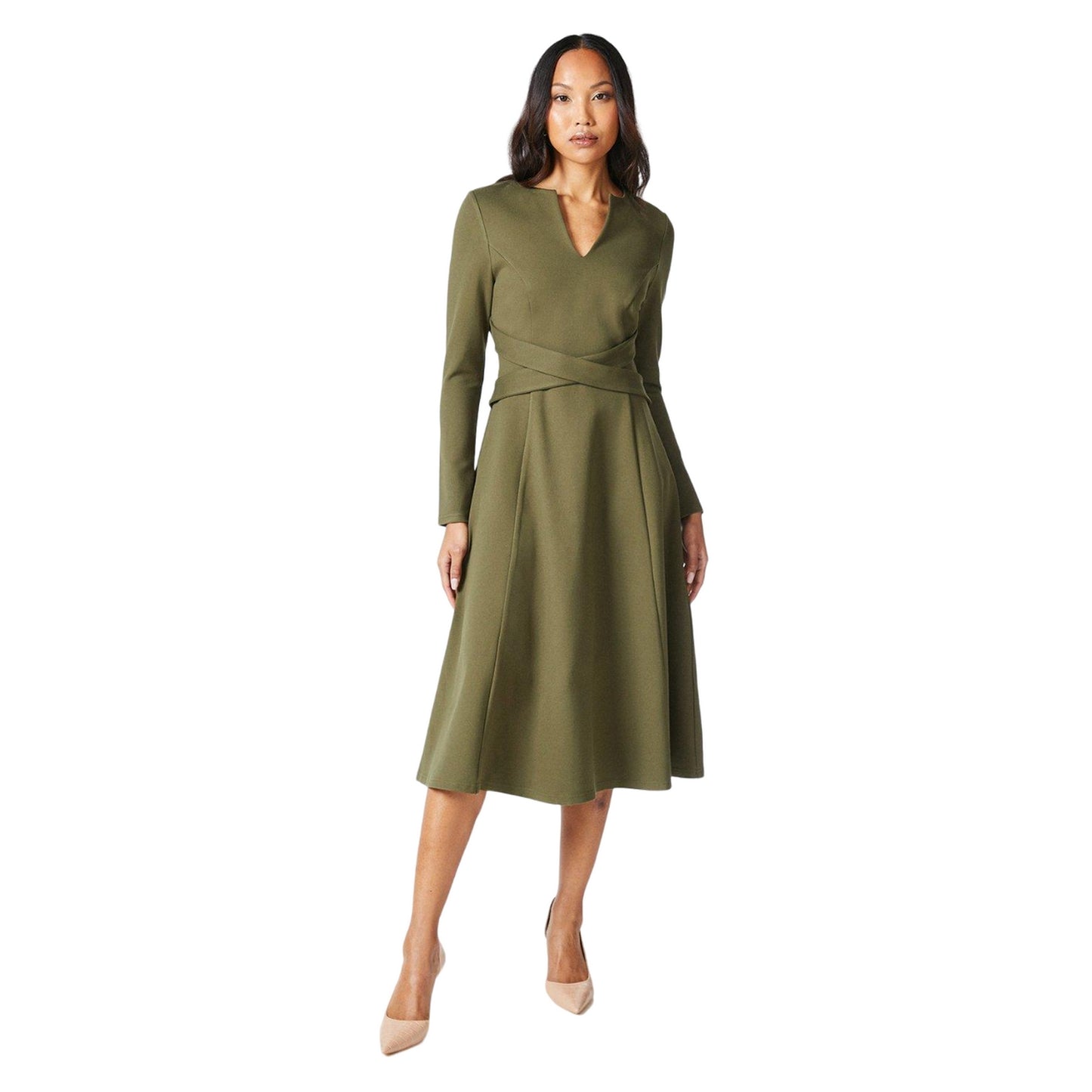 Olive - Front - Principles Womens-Ladies Ponte Waist Detail Midi Dress