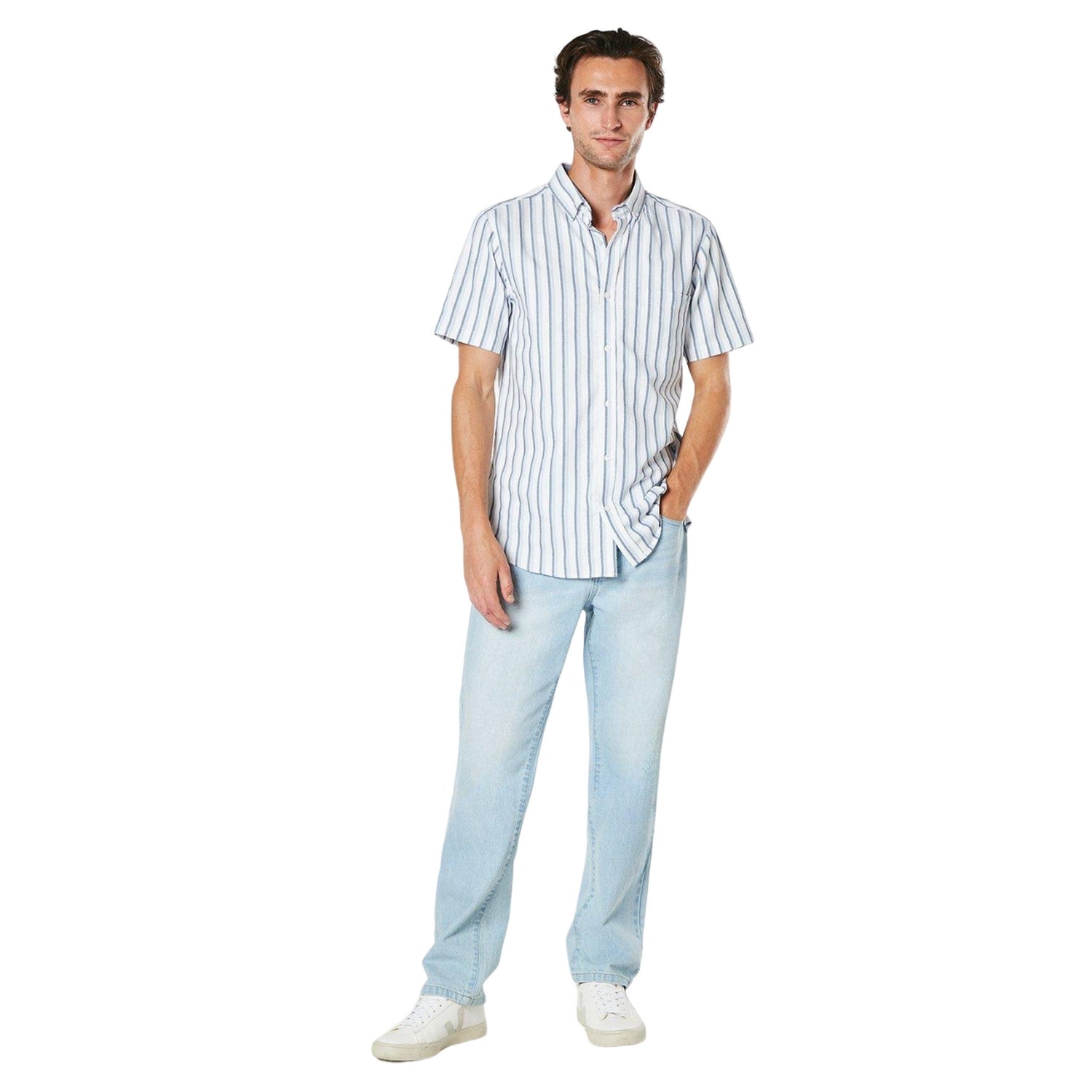 White - Side - Maine Mens Twin Stripe Oxford Short-Sleeved Shirt