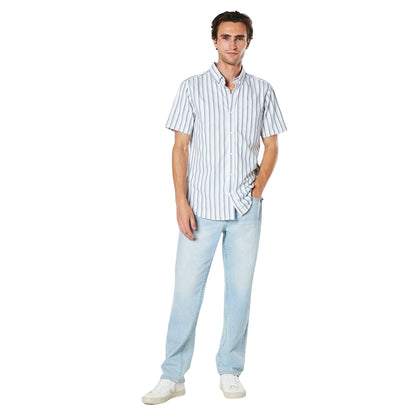 White - Side - Maine Mens Twin Stripe Oxford Short-Sleeved Shirt