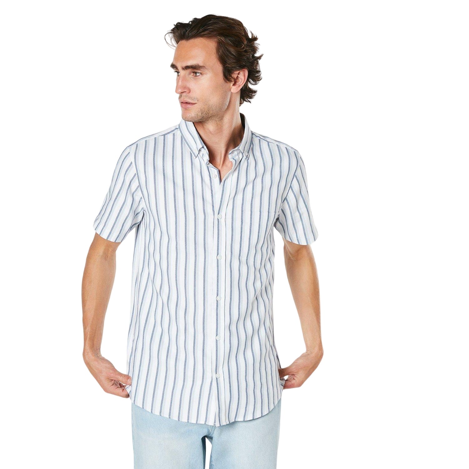 White - Front - Maine Mens Twin Stripe Oxford Short-Sleeved Shirt