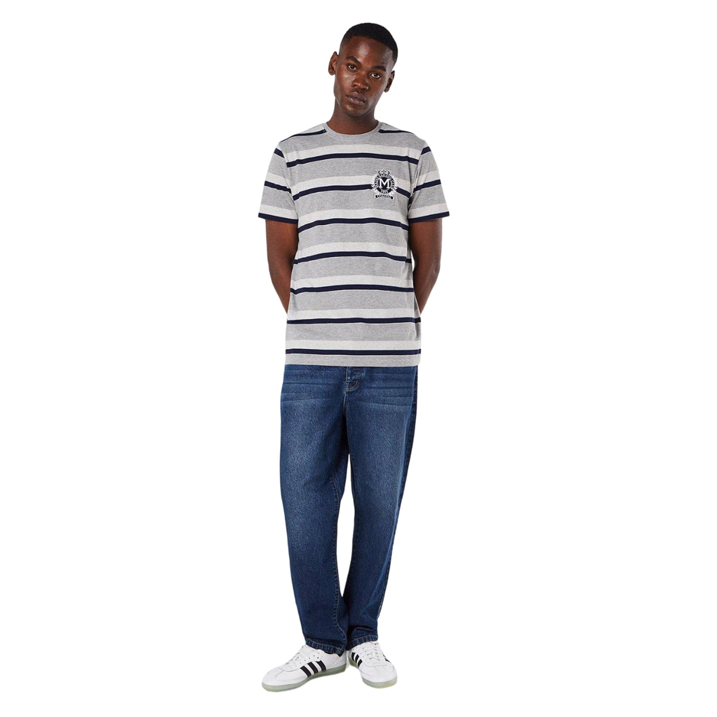 Grey - Side - Maine Mens Boston Crest And Stripes Embroidered T-Shirt