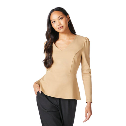 Camel - Front - Principles Womens-Ladies Plain Ponte V Neck Top