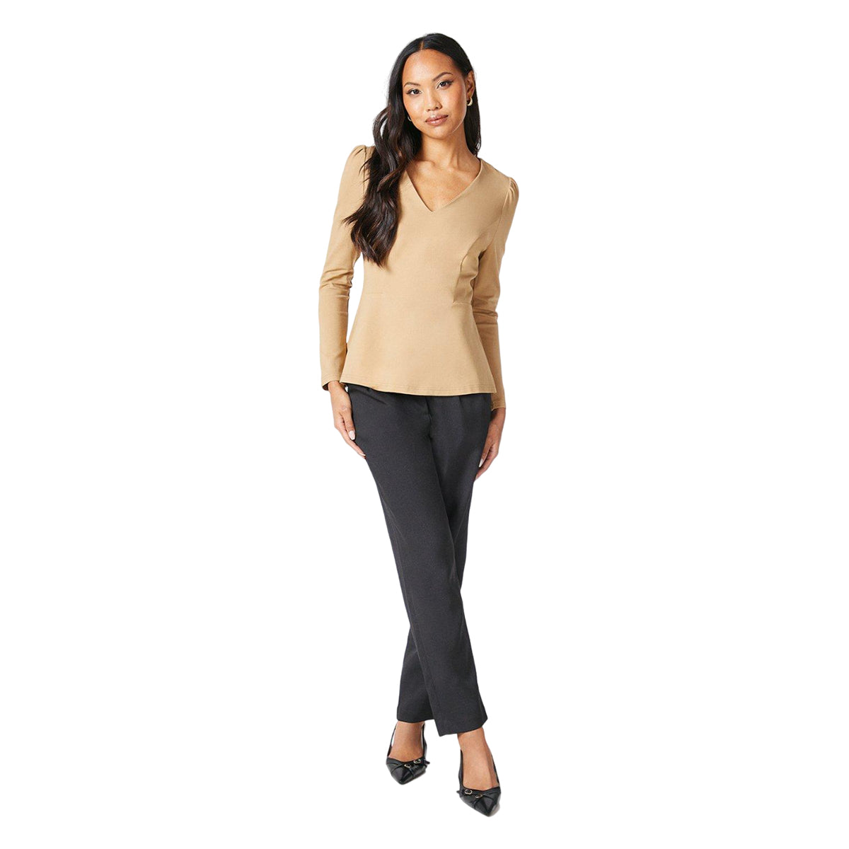 Camel - Side - Principles Womens-Ladies Plain Ponte V Neck Top