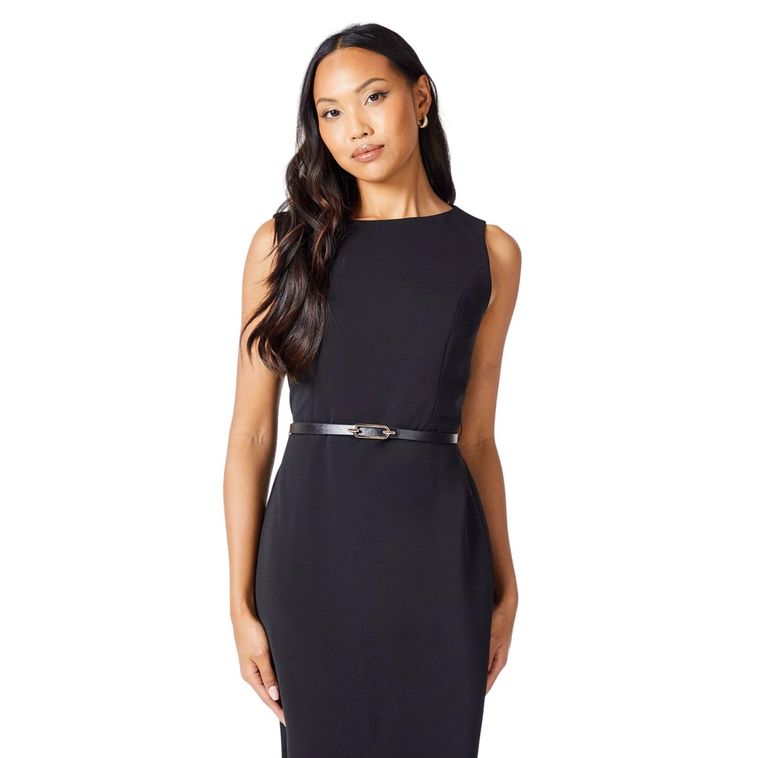 Black - Side - Principles Womens-Ladies Laser Cut Ponte Belted Midi Dress
