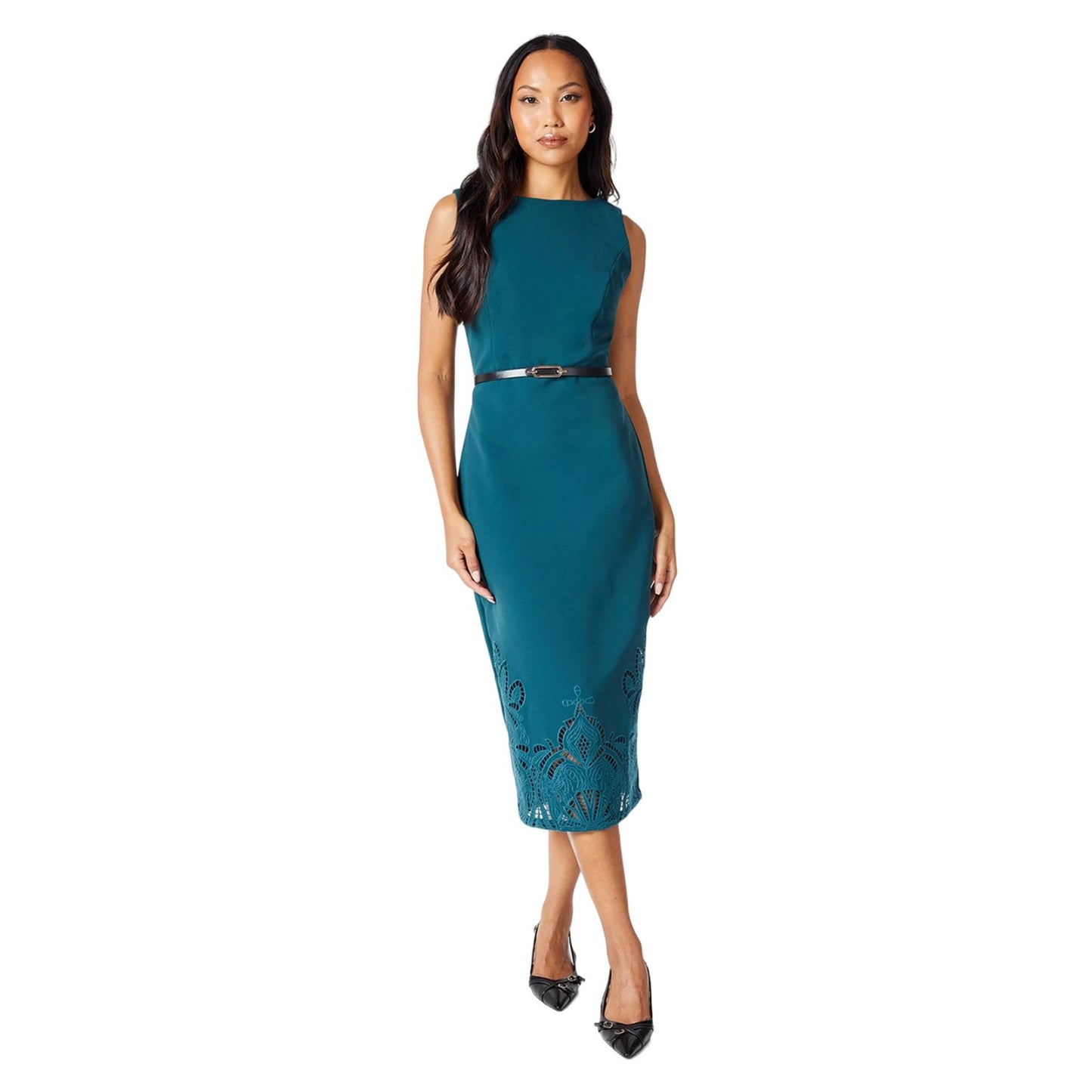 Emerald - Front - Principles Womens-Ladies Laser Cut Ponte Belted Midi Dress