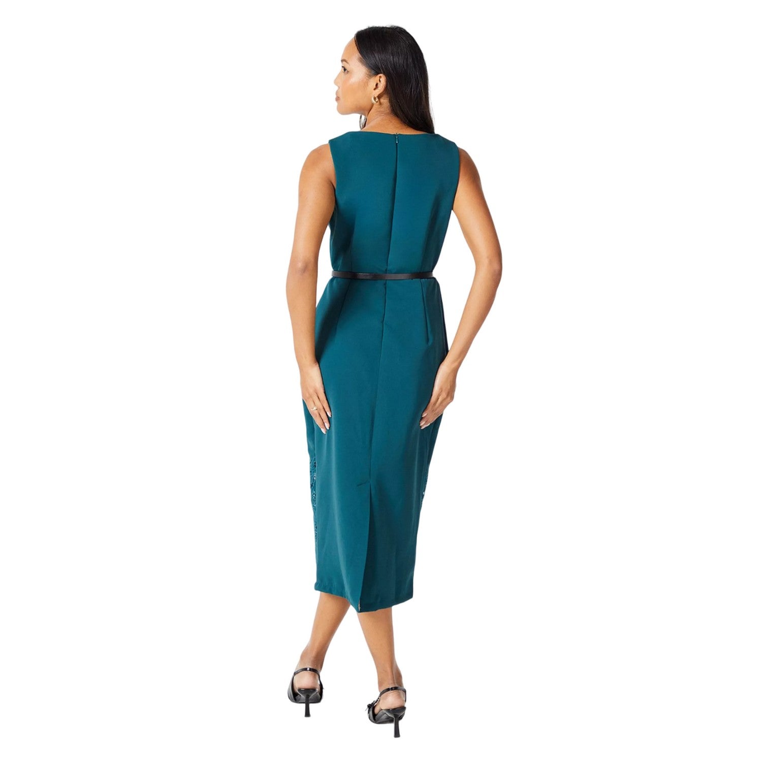 Emerald - Back - Principles Womens-Ladies Laser Cut Ponte Belted Midi Dress