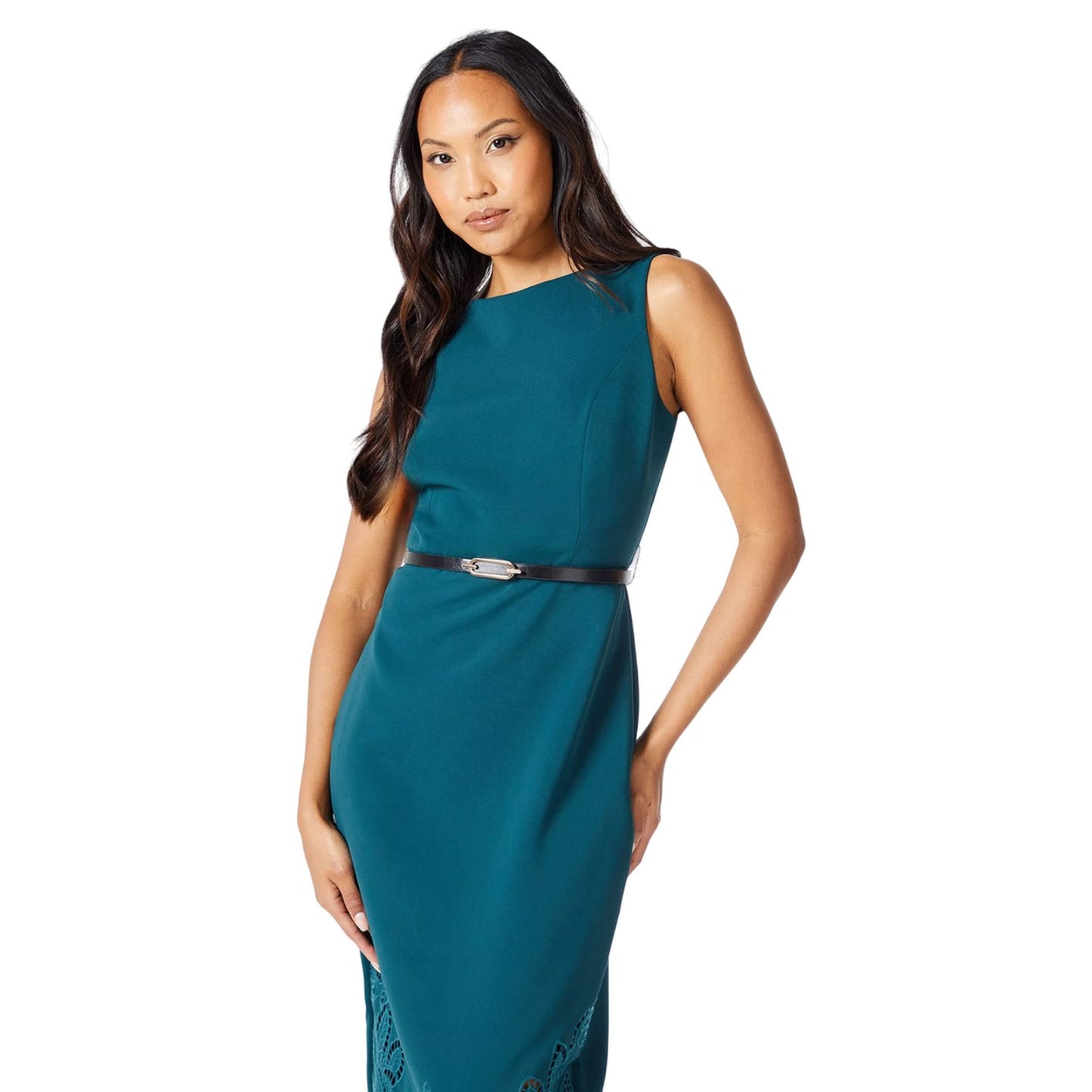 Emerald - Side - Principles Womens-Ladies Laser Cut Ponte Belted Midi Dress
