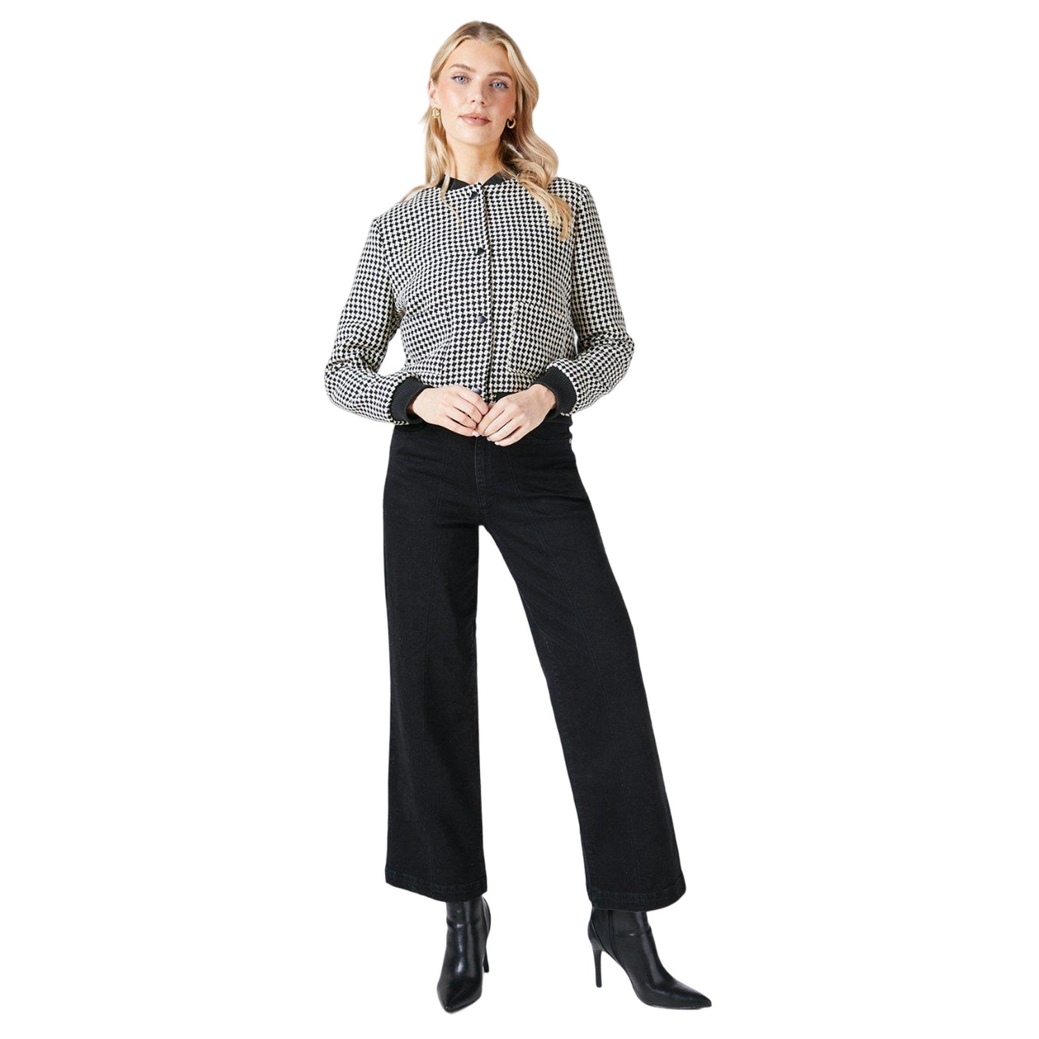 Monochrome - Side - Principles Womens-Ladies Houndstooth Snap-Front Bomber Jacket