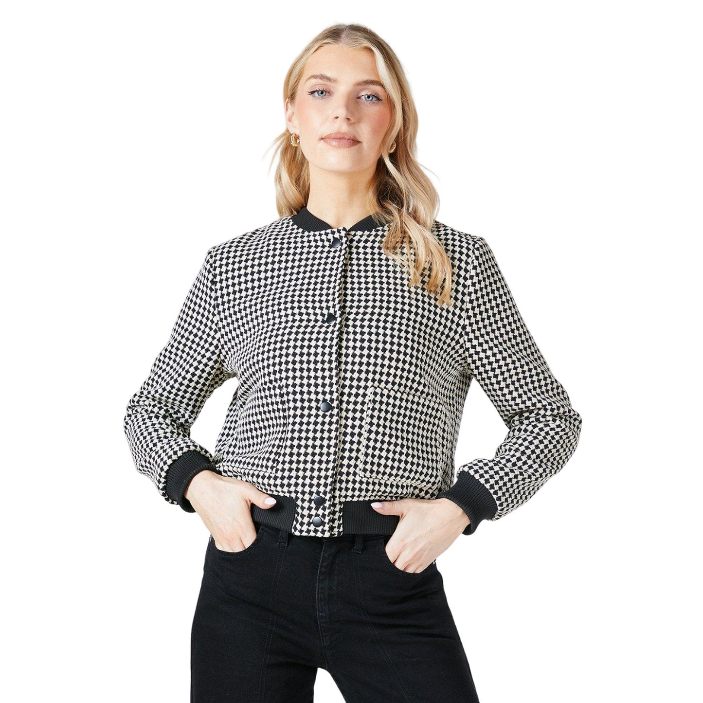 Monochrome - Front - Principles Womens-Ladies Houndstooth Snap-Front Bomber Jacket