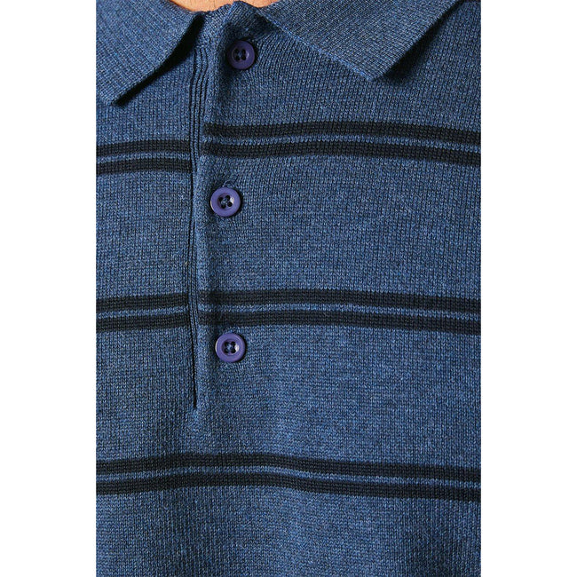 Blue - Side - Maine Mens Stripe Knitted Long-Sleeved Polo Shirt