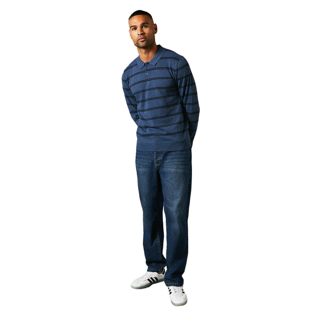 Blue - Lifestyle - Maine Mens Stripe Knitted Long-Sleeved Polo Shirt