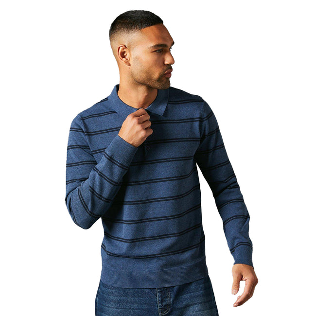 Blue - Front - Maine Mens Stripe Knitted Long-Sleeved Polo Shirt